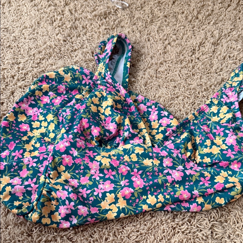 Floral Bikini Top in Teal with Pink & Yellow Flowers